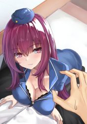 Rule 34 | 1girl, black bra, black headwear, blue dress, blush, bra, breasts, cleavage, collarbone, dress, fate/grand order, fate (series), flight attendant, formal, garrison cap, girl on top, hat, kesoshirou, lace, lace-trimmed bra, lace trim, large breasts, long hair, looking at viewer, lying, purple hair, red eyes, scathach (fate), short sleeves, simple background, skirt, skirt suit, solo focus, suit, travel attendant, underwear, white background
