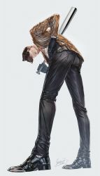 Rule 34 | 1boy, animal print, bent, bent over, black footwear, black pants, brown eyes, evil grin, evil smile, eyepatch, facial hair, goatee, gold necklace, grin, hand in pocket, highres, irezumi, jewelry, jiao mao, leaning forward, leather, leather pants, looking at viewer, majima goro, male focus, manly, metal baseball bat, necklace, one-eyed, pants, ryuu ga gotoku (series), ryuu ga gotoku 1, shoes, smile, snake print, tattoo, tight clothes, tight pants, yakuza