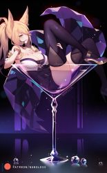 Rule 34 | 1girl, ahri (league of legends), animal ears, ass, black thighhighs, blonde hair, bracelet, breasts, cleavage, cocktail glass, commentary, crystal, cup, drinking glass, earrings, english commentary, fox ears, high heels, jewelry, k/da (league of legends), k/da ahri, large breasts, league of legends, long hair, lying, microphone, nail polish, nanoless, navel, on back, ponytail, purple nails, smile, solo, thighhighs, yellow eyes