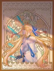 Rule 34 | 1girl, ahoge, armor, artoria caster (fate), artoria pendragon (fate), black gloves, blonde hair, blue dress, blue ribbon, border, bow, breastplate, brown border, closed mouth, commentary, crown, dress, english commentary, expressionless, fate/grand order, fate (series), flower, from side, fucha, gloves, green eyes, hair bow, hair ribbon, highres, long hair, long sleeves, paper texture, red ribbon, ribbon, sidelocks, solo, twintails, very long hair, white dress