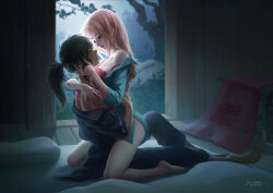 Rule 34 | 2girls, backlighting, bare shoulders, barefoot, black hair, blurry, blurry background, bottomless, brown hair, closed mouth, couple, dark, hand on another&#039;s shoulder, her shim cheong, highres, holding, long hair, looking at another, manim (her shim cheong), moonlight, multiple girls, night, ponytail, shawn fox, shim cheong, short hair, signature, sitting, sitting on person, undressing, yuri