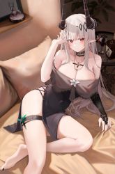 Rule 34 | 1girl, absurdres, arknights, black dress, breasts, cleavage, commentary request, cross, cross necklace, cup, demon horns, dress, drinking glass, flower, grey hair, hair ornament, hand up, highres, horns, jewelry, large breasts, long hair, looking at viewer, mudrock (arknights), mudrock (obsidian) (arknights), nail polish, necklace, nipples, official alternate costume, reclining, red eyes, rhodes island logo (arknights), ru zhai, see-through, solo, thigh strap, thighs, white flower, wine glass