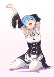 Rule 34 | 1girl, absurdres, apron, arm behind head, armpits, arms up, black bow, black dress, black ribbon, black sleeves, blue hair, blunt bangs, blush, bow, breasts, choker, cleavage, closed mouth, commentary request, detached sleeves, dress, frilled apron, frilled choker, frilled sleeves, frills, full body, hair ornament, hair over one eye, head tilt, highres, large breasts, maid, miu (angelo whitechoc), open mouth, re:zero kara hajimeru isekai seikatsu, rem (re:zero), ribbon, short hair, simple background, sitting, sleepy, solo, squeans, stretched limb, stretching, teeth, thighhighs, thighs, upper teeth only, white apron, white background, white bow, white choker, white thighhighs, wide sleeves, x hair ornament, yawning