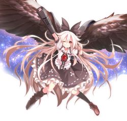 Rule 34 | &gt;;d, 1girl, ;d, alternate hair color, arm cannon, arm up, bird wings, black bow, black skirt, black wings, bow, commentary request, dress shirt, feathered wings, frilled shirt collar, frills, full body, grin, hair between eyes, hair bow, highres, long hair, looking at viewer, neko senshi, one eye closed, open mouth, petticoat, puffy short sleeves, puffy sleeves, radiation symbol, red eyes, reiuji utsuho, shirt, short sleeves, skirt, smile, solo, third eye, touhou, v-shaped eyebrows, very long hair, weapon, white hair, white shirt, wings