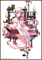 Rule 34 | 1girl, blunt bangs, book, boots, bow, candle, crescent, full body, hair bow, hat, highres, ideolo, long hair, long sleeves, looking at viewer, patchouli knowledge, plant, potted plant, purple eyes, purple hair, sidelocks, simple background, sitting, solo, touhou, white background