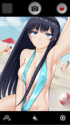 Rule 34 | 1girl, areola slip, black hair, blue eyes, breasts, cellphone, cleavage, collarbone, holding, holding phone, juujuu, kill la kill, kiryuuin satsuki, long hair, looking at viewer, navel, phone, reaching, reaching towards viewer, selfie, slingshot swimsuit, smartphone, solo, swimsuit, taking picture, thick eyebrows