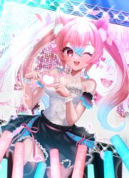 Rule 34 | 1girl, absurdres, animal ears, breasts, character request, concert, fang, gradient hair, heart, heart hands, highres, medium breasts, multicolored hair, one eye closed, open mouth, pink eyes, pink hair, seta makoto, smile, twintails, virtual youtuber