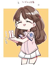 Rule 34 | 1girl, :d, acrylic stand (object), baseball jersey, brown hair, closed eyes, cropped legs, facing viewer, fujishima megumi, highres, holding, jersey, kanduki kamibukuro, link! like! love live!, long hair, love live!, miniskirt, open mouth, parted bangs, short sleeves, skirt, smile, solo, two-tone background, two side up, white skirt