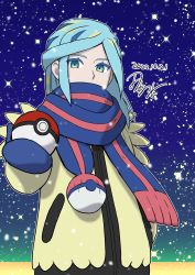 Rule 34 | 1boy, aqua eyes, aqua hair, blue mittens, blue scarf, commentary request, creatures (company), dated, game freak, grusha (pokemon), highres, holding, holding poke ball, jacket, long hair, looking at viewer, male focus, mittens, night, nintendo, outdoors, poke ball, poke ball (basic), pokemon, pokemon sv, scarf, scarf over mouth, signature, sky, solo, sparkle, tamura (kouititamura), upper body, yellow jacket