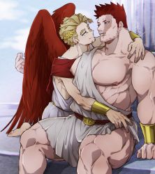 Rule 34 | 2boys, arm around shoulder, bara, bare pectorals, beard, belt, blonde hair, blue eyes, boku no hero academia, bursting pectorals, cloak, couple, endeavor (boku no hero academia), eye contact, facial hair, feathered wings, green cloak, hawks (boku no hero academia), highres, large pectorals, laurel crown, looking at another, mahoubin (totemo hot dayo), male focus, mature male, multiple boys, muscular, muscular male, nipples, pectorals, red hair, red wings, scar, scar across eye, scar on face, short hair, sideburns, single bare shoulder, sitting, smile, spiked hair, stubble, thick thighs, thighs, wings, yaoi