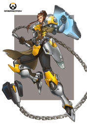 Rule 34 | 1girl, absurdres, arm shield, armor, armored boots, armored dress, ball and chain (weapon), boots, breastplate, brigitte (overwatch), brown eyes, brown gloves, brown hair, chain, clenched hand, floating hair, freckles, full body, gauntlets, gloves, hair ornament, highres, holding, holding weapon, lips, looking at viewer, moonface, overwatch, overwatch 1, ponytail, shield, signature, simple background, smile, solo, waist cape, weapon, white background