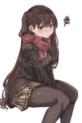 Rule 34 | 1girl, absurdres, between legs, black pantyhose, blush, breasts, closed mouth, enpera, girls&#039; frontline, hair ornament, hair ribbon, half updo, hand between legs, highres, kintsuba (garapagosukkk), long hair, long sleeves, official alternate costume, one side up, pantyhose, pleated skirt, purple hair, red eyes, red scarf, ribbon, scarf, simple background, sitting, skirt, solo, squiggle, wa2000 (date in the snow) (girls&#039; frontline), wa2000 (girls&#039; frontline), white background