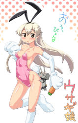 Rule 34 | 10s, 1girl, = =, animal hands, ass, ass grab, bare shoulders, blush, breasts, brown eyes, carrot, elbow gloves, gloves, hairband, hase yu, kantai collection, leotard, long hair, looking at viewer, machinery, open mouth, paw gloves, playboy bunny, polka dot, polka dot background, rabbit tail, rensouhou-chan, shimakaze (kancolle), smile, solo, standing, tail, translation request, triangle mouth, white gloves