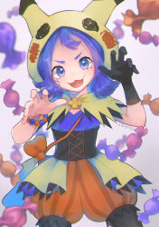 Rule 34 | 1girl, :3, :d, acerola (fall 2020) (pokemon), acerola (pokemon), bead bracelet, beads, black gloves, black pantyhose, blurry, bracelet, candy wrapper, capelet, commentary request, creatures (company), eyelashes, game freak, gloves, hands up, highres, hood, hooded capelet, jewelry, kikuyoshi (tracco), looking at viewer, medium hair, nintendo, official alternate costume, open mouth, orange bracelet, orange shorts, pantyhose, pantyhose under shorts, pokemon, pokemon masters ex, purple eyes, purple hair, shorts, signature, single glove, smile, solo, striped clothes, striped shorts, themed object, tongue, vertical-striped clothes, vertical-striped shorts, waist cape
