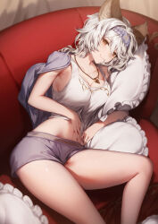 Rule 34 | 1girl, animal ears, blush, brown eyes, character request, check character, closed mouth, couch, erune, feet out of frame, genyaky, granblue fantasy, hair ornament, heles, highres, lying, on side, pillow, purple shorts, shirt, short shorts, shorts, signature, smile, solo, thighs, white hair, white shirt