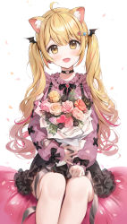 Rule 34 | 1girl, :d, absurdres, ahoge, animal ear fluff, animal ears, black bow, black bowtie, black choker, black skirt, blonde hair, blush, bouquet, bow, bowtie, cat ears, choker, eso (toory), fang, feet out of frame, flower, highres, holding, holding bouquet, hololive, long hair, long sleeves, looking at viewer, multicolored hair, open mouth, petals, pink flower, pink rose, pink sweater, red flower, red hair, red rose, rose, sitting, skin fang, skirt, smile, solo, streaked hair, suspender skirt, suspenders, sweater, twintails, virtual youtuber, white background, yellow eyes, yellow flower, yozora mel, yozora mel (jirai kei)