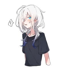 Rule 34 | 1girl, ?, ahoge, androgynous, azuma shino, black shirt, blue eyes, blush, bright pupils, collarbone, commentary request, cropped arms, cropped torso, eyes visible through hair, fang, gradient hair, grey hair, hair down, hair over one eye, long hair, looking at viewer, multicolored hair, nowareno (azuma shino), open mouth, original, pointy ears, shirt, short sleeves, simple background, skin fang, slit pupils, solo, speech bubble, spoken question mark, t-shirt, upper body, white background, white pupils