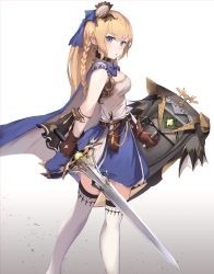 Rule 34 | 1girl, :o, blue skirt, blush, braid, breasts, brown gloves, capelet, dagger, earrings, eruthika, fantasy, from side, gloves, hair ornament, highres, holding, holding shield, holding sword, holding weapon, jewelry, knife, long hair, looking at viewer, medium breasts, original, parted lips, shield, side braid, sidelocks, skirt, solo, standing, sword, thighhighs, weapon, white thighhighs