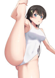 Rule 34 | 1girl, :o, black hair, blue eyes, blush, breasts, covered navel, from below, highres, kagura hikari, long hair, medium breasts, mibushiro, one-piece swimsuit, parted lips, shoujo kageki revue starlight, simple background, solo, sparkle hair ornament, split, standing, standing on one leg, standing split, swimsuit, white background, white one-piece swimsuit