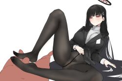 Rule 34 | 1girl, berserkert, black hair, black pantyhose, blue archive, breasts, bright pupils, feet, female pubic hair, footjob, hair ornament, hairpin, halo, highres, knee up, knees apart feet together, large breasts, legs, long hair, long sleeves, no shoes, pantyhose, penis, pubic hair, red eyes, ribbed sweater, rio (blue archive), simple background, sweater, toes, uncensored, white background, white pupils, white sweater