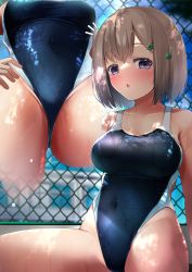 Rule 34 | 1girl, ^^^, black one-piece swimsuit, breasts, chain-link fence, commentary request, competition swimsuit, covered navel, cowboy shot, dappled sunlight, fence, from below, grey eyes, groin, hand on own hip, highres, kuro yanagi, large breasts, light brown hair, multiple views, one-piece swimsuit, original, short hair, sitting, sunlight, swimsuit, two-tone swimsuit