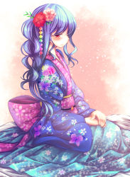 Rule 34 | 1girl, alternate costume, blue hair, blush, check commentary, commentary request, date pun, floral print, flower, formal, frown, furisode, hair flower, hair ornament, highres, hinanawi tenshi, japanese clothes, kimono, long hair, looking at viewer, maru daizu (aqua6233), number pun, obi, red eyes, sad, sash, seiza, sitting, solo, touhou, traditional clothes, very long hair