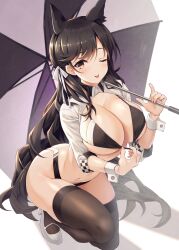 Rule 34 | 1girl, ;p, absurdres, animal ear fluff, animal ears, arched back, atago (azur lane), atago (stunning speedster) (azur lane), azur lane, backlighting, bikini, bikini pull, black bikini, black hair, black thighhighs, blush, breasts, brown eyes, cleavage, clothes pull, emanon123, extra ears, hair ribbon, highres, large breasts, long hair, looking at viewer, mole, mole under eye, navel, official alternate costume, one eye closed, race queen, ribbon, simple background, solo, swimsuit, thighhighs, tongue, tongue out, umbrella, very long hair, white background, white footwear, white ribbon, wrist cuffs