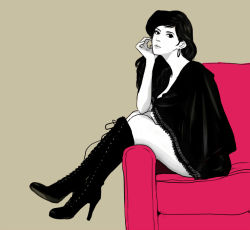 Rule 34 | 1girl, black hair, boots, chair, cross-laced footwear, earrings, head rest, high contrast, high heel boots, high heels, jewelry, knee boots, lace-up boots, long hair, ma2, mine fujiko, multiple monochrome, simple background, sitting, solo