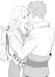 Rule 34 | 1boy, 1girl, belt, blunt bangs, blush, collared shirt, couple, cowboy shot, dress, earrings, gam922, greyscale, hair between eyes, hair ribbon, hair undone, hand in another&#039;s hair, hetero, highres, imminent kiss, jewelry, link, long hair, long sleeves, looking at another, monochrome, nintendo, pointy ears, princess zelda, ribbon, shirt, short hair, sidelocks, the legend of zelda, the legend of zelda: skyward sword, white background, white shirt