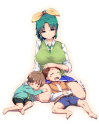 Rule 34 | 10s, 1girl, 2boys, alternate breast size, barefoot, blush, bon (moegomi), breasts, brother and sister, brothers, brown hair, closed eyes, family, green eyes, green hair, green necktie, green sweater vest, hand on another&#039;s head, large breasts, long hair, midorikawa kouta, midorikawa nao, midorikawa yuuta, multiple boys, necktie, no shoes, open mouth, ponytail, precure, school uniform, shorts, siblings, skirt, sleeping, sleeves rolled up, smile, smile precure!, socks, sweater vest