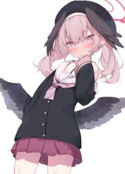 Rule 34 | 1girl, beret, black cardigan, black hat, black wings, blue archive, blush, cardigan, closed mouth, cowboy shot, eip (pepai), feathered wings, halo, hand up, hat, head wings, koharu (blue archive), looking at viewer, low wings, medium hair, miniskirt, neckerchief, pink eyes, pink hair, pink neckerchief, pink skirt, sailor collar, school uniform, simple background, skirt, sleeves past wrists, solo, twintails, white background, white sailor collar, wings