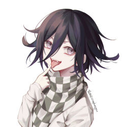 Rule 34 | 1boy, artist name, black hair, checkered clothes, checkered scarf, commentary, danganronpa (series), danganronpa v3: killing harmony, ewa (seraphhuiyu), fangs, finger to mouth, finger to tongue, flipped hair, hair between eyes, hand up, highres, jacket, long sleeves, looking at viewer, male focus, open mouth, oma kokichi, pink eyes, purple eyes, purple hair, scarf, short hair, simple background, smile, solo, straitjacket, symbol-only commentary, teeth, tongue, tongue out, upper body, white background, white jacket