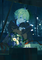 Rule 34 | 1boy, absurdres, alternate hair length, alternate hairstyle, aqua eyes, black jacket, black pants, blue flower, blurry, bokeh, collared shirt, commentary, commentary request, depth of field, english commentary, flower, frown, highres, hugging own legs, indoors, instrument, irple, jacket, kagamine len, knees up, long sleeves, looking at viewer, male focus, mixed-language commentary, necktie, night, pants, piano, red ribbon, ribbon, sad, self hug, shirt, sitting, solo, vocaloid, white flower, white shirt, wind