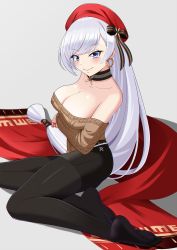 Rule 34 | 1girl, aran sweater, arm under breasts, azur lane, belfast (azur lane), belfast (shopping with the head maid) (azur lane), beret, black skirt, breast hold, breasts, brown sweater, cable knit, cleavage, earrings, hat, highres, hoop earrings, jewelry, large breasts, lemon kele, long hair, no shoes, off-shoulder sweater, off shoulder, pantyhose, purple eyes, red headwear, red shawl, seiza, shawl, sitting, skirt, sweater, white hair