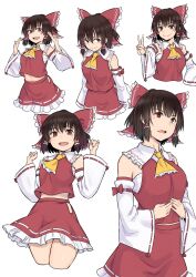 Rule 34 | 1girl, ascot, black hair, bow, brown hair, chest sarashi, clenched hands, commentary request, cropped legs, detached sleeves, frilled skirt, frills, hair bow, hair tubes, hakurei reimu, highres, kakone, multiple views, red bow, red shirt, red skirt, ribbon-trimmed sleeves, ribbon trim, sarashi, shirt, short hair, sidelocks, simple background, skirt, touhou, v, white background, yellow ascot