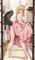 Rule 34 | 1girl, animal ear fluff, animal ears, architecture, back, barefoot, bed sheet, blonde hair, breasts, cleavage, collarbone, commentary, commission, dress, east asian architecture, feet, fox ears, fox tail, from behind, full body, gompang 11, hair intakes, highres, huge breasts, kneepits, long hair, looking at viewer, looking back, open mouth, original, pink dress, skindentation, skirt hold, smile, solo, standing, strapless, strapless dress, tail, tail raised, toes, tongue, tongue out, vase, yellow eyes