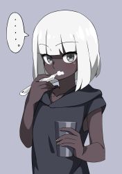 ... 1girl absurdres blue_background blunt_bangs brushing_teeth dark-skinned_female dark_skin female_focus highres kanon563 original short_hair simple_background sleeveless solo spoken_ellipsis toothbrush white_hair