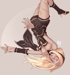 Rule 34 | !, !!, 1girl, absurdres, blonde hair, blush, boots, breasts, breasts out, bright pupils, dark-skinned female, dark skin, gravity daze, hanging breasts, high heel boots, high heels, highres, kitten (gravity daze), long hair, nickleflick, nipples, open mouth, red eyes, solo, surprised, tan background, upside-down, wardrobe malfunction, white pupils