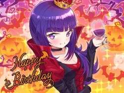 Rule 34 | 1girl, 5553pp, bat (animal), blunt bangs, breasts, choker, cleavage, closed mouth, crown, cup, drinking glass, fangs, fingernails, ghost, halloween, halloween costume, hanazono shuka, hand up, happy birthday, high collar, holding, holding cup, idol time pripara, jack-o&#039;-lantern, long hair, long sleeves, looking at viewer, medium breasts, nail polish, pretty series, pripara, purple eyes, purple hair, purple nails, sharp fingernails, smile, solo, sparkle, third-party source, upper body, vampire costume, wine glass