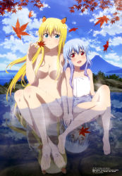 Rule 34 | 2girls, absurdres, artist request, bare arms, bare back, barefoot, bathing, blonde hair, blue hair, character request, feet, green eyes, holding hands, highres, kagamihara azumi, long hair, multiple girls, naked towel, no bra, no panties, nude, official art, red eyes, rigel (z/x), smile, towel, wet, z/x