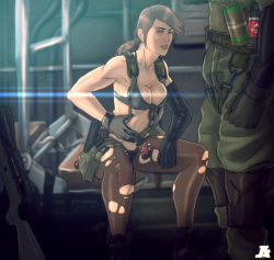 Rule 34 | 1boy, 1girl, asymmetrical gloves, bad id, bad tumblr id, big boss, bikini, blue eyes, breasts, brown hair, cleavage, elbow gloves, explosive, front-tie bikini top, front-tie top, gloves, grenade, gun, highres, holster, konami, long hair, medium breasts, metal gear (series), metal gear solid, metal gear solid v: the phantom pain, mismatched gloves, pantyhose, planted, ponpu (pumpkinsinclair), ponytail, quiet (metal gear), rifle, single elbow glove, sitting, sniper rifle, soldier, suspenders, swimsuit, thigh holster, torn clothes, torn legwear, weapon