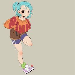 Rule 34 | 1girl, andrewcockroach, arms behind back, bike shorts, black eyes, blue hair, blush, bulma, closed mouth, clothes writing, dragon ball, full body, green socks, grey background, long hair, looking at viewer, loose clothes, one side up, shoes, signature, simple background, smile, sneakers, socks, solo, standing, standing on one leg