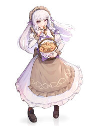 Rule 34 | 1girl, absurdres, apron, basket, braid, brown footwear, checkerboard cookie, commentary request, cookie, dress, eating, fire emblem, fire emblem: three houses, fire emblem heroes, food, full body, gonzarez, grey apron, highres, holding, holding basket, holding food, juliet sleeves, loafers, long hair, long sleeves, looking at viewer, lysithea von ordelia, lysithea von ordelia (tea party), maid, maid headdress, nintendo, official alternate costume, official alternate hairstyle, pink eyes, puffy sleeves, shoes, simple background, solo, standing, thumbprint cookie, twin braids, very long hair, white background, white dress, white hair