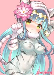 Rule 34 | 1girl, animal costume, animal hood, animal print, bad id, bad pixiv id, blue hair, blunt bangs, blush, breasts, cameltoe, closed mouth, cosplay, covered erect nipples, covered navel, flower, green eyes, hair flower, hair ornament, headdress, hood, hood up, jewelry, kigurumi, long hair, looking at viewer, lotus, mashiro miru, medium breasts, parvati (p&amp;d), pink background, pink flower, puzzle &amp; dragons, simple background, solo, tail, tiger costume, tiger hood, tiger print, tiger tail, twitter username, very long hair, wavy mouth, white tiger print