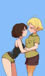 Rule 34 | 10s, 2girls, absurdres, akiyama yukari, aomushi (mushamusha), belt, black belt, black shirt, black shorts, blonde hair, blue background, blush, body writing, brown eyes, brown hair, brown shirt, brown shorts, camisole, closed mouth, collared shirt, commentary request, cowboy shot, erwin (girls und panzer), face-to-face, female focus, from side, girls und panzer, highres, hug, leaning forward, looking at another, messy hair, multiple girls, no headwear, parted lips, pointy hair, shirt, short hair, short shorts, short sleeves, shorts, simple background, sketch, smile, standing, tattoo, yellow eyes, yuri
