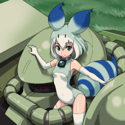Rule 34 | 10s, 1girl, animal ears, bare shoulders, breasts, closed mouth, collar, collarbone, covered navel, crossover, day, elbow gloves, from above, gloves, grass, green eyes, green hair, gundam, hair between eyes, kemono friends, leotard, looking away, lucky beast (kemono friends), multicolored hair, outdoors, outstretched arm, personification, rohitsuka, small breasts, smile, solo, standing, tail, thighhighs, two-tone hair, white gloves, white hair, white thighhighs, zaku ii, | |