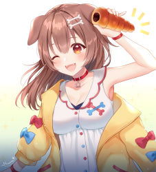 Rule 34 | 1girl, animal ears, arm up, armpits, artist name, bare shoulders, blush, bone hair ornament, bread, breasts, brown eyes, brown hair, cleavage, collar, collarbone, dog ears, dog girl, dress, food, hair between eyes, hair ornament, hairclip, holding, holding food, hololive, inugami korone, inugami korone (1st costume), jacket, long hair, medium breasts, naomi (fantasia), notice lines, off shoulder, one eye closed, open clothes, open jacket, open mouth, simple background, single bare shoulder, sleeveless, sleeveless dress, solo, upper body, virtual youtuber, white background, white dress, wristband, yellow jacket