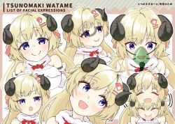 Rule 34 | absurdres, blonde hair, blue eyes, blush, breasts, buffering, character name, commentary request, english text, expressions, hair ornament, hairclip, highres, hololive, horns, long hair, looking at viewer, multiple views, narita tamezou, nodding, open mouth, sheep horns, sleeveless, smile, tsunomaki watame, tsunomaki watame (1st costume), virtual youtuber