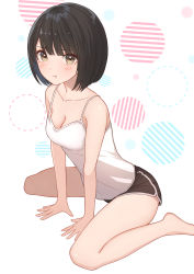 Rule 34 | 1girl, :t, arm support, bad id, bad pixiv id, bare shoulders, barefoot, black hair, black shorts, blouse, blunt bangs, blush, bob cut, breasts, brown eyes, camisole, circle, cleavage, closed mouth, collarbone, from side, hands on ground, highres, leaning forward, looking at viewer, pout, shirt, short hair, short shorts, shorts, sitting, sleeveless, solo, striped, tanbonota46, wariza, white background, white shirt