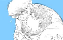 Rule 34 | 2boys, bara, blush, couple, glasses, greyscale with colored background, heart, height difference, hug, hug from behind, imminent kiss, kekkai sensen, klaus von reinhertz, leaning forward, leonardo watch, long sideburns, looking at another, male focus, mature male, multiple boys, muscular, muscular male, mutton chops, nore (boosuke), red hair, semi-rimless eyewear, short hair, sideburns, tusks, upper body, yaoi